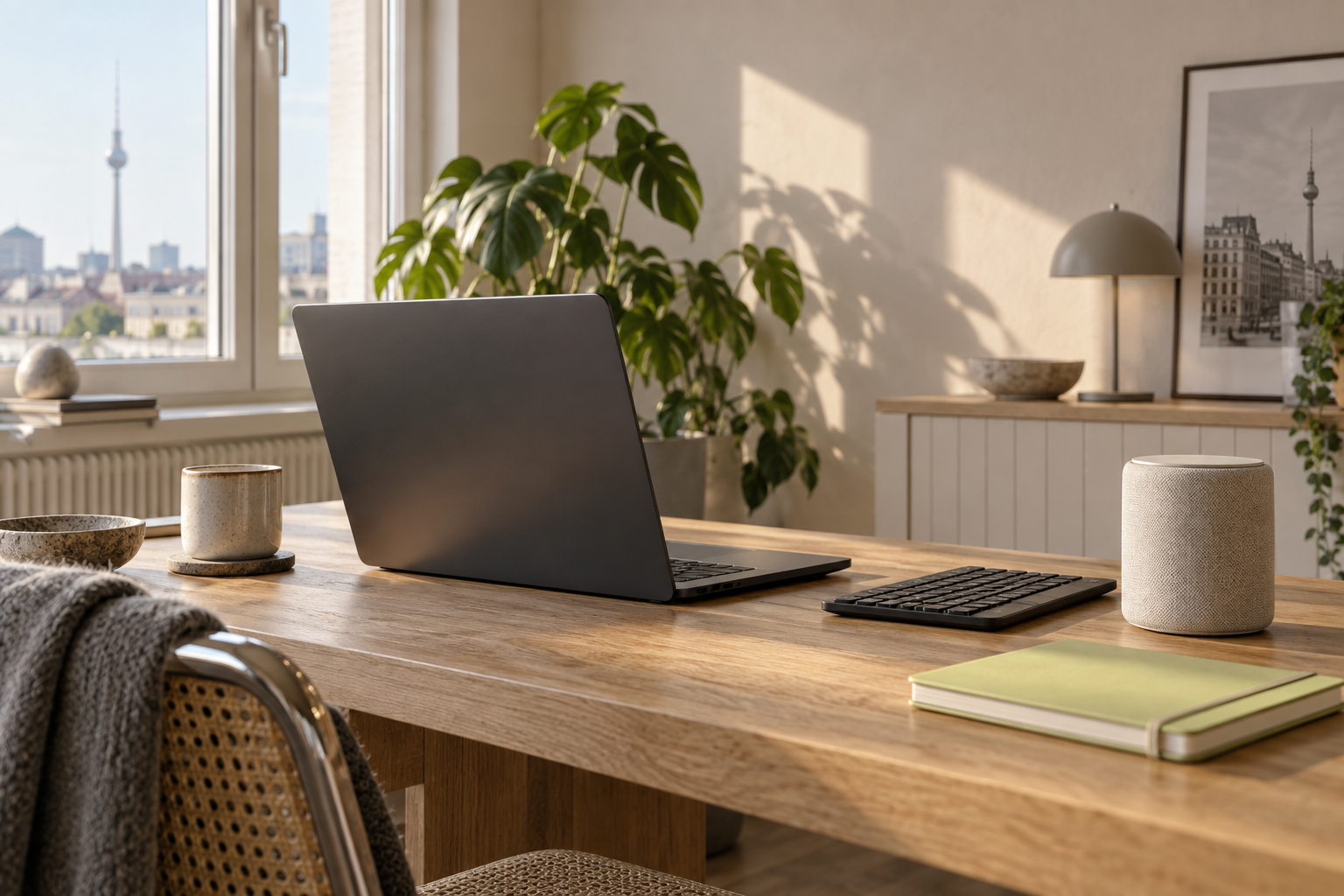Ruhiger Arbeitsplatz mit Laptop, Lautsprecher und Tastatur auf einem Holztisch, Symbolbild
